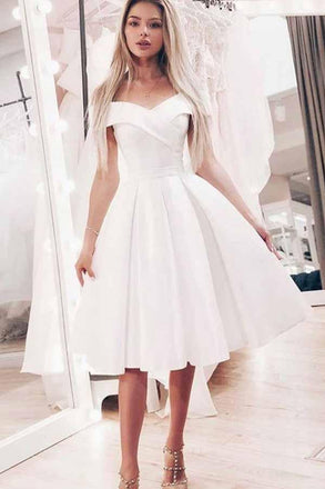 simple white a-line off-the-shoulder short prom dress with pleats dth394