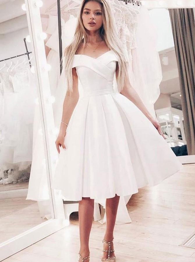 Simple White A-Line Off-the-Shoulder Short Prom Dress with Pleats