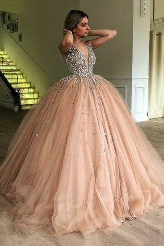 ball gown v-neck beading quinceanera dresses tulle prom dresses dtp716