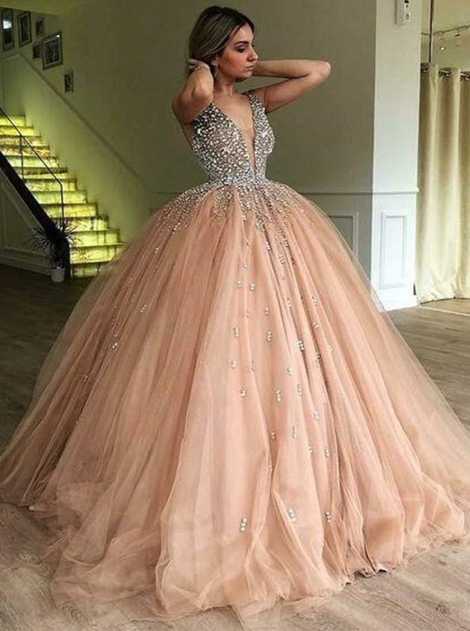 Ball Gown V-neck Beading Quinceanera Dresses Tulle Prom Dresses