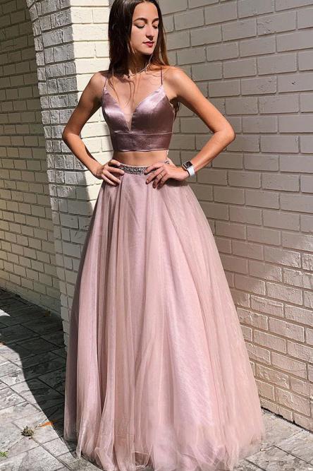 sexy spaghetti straps two piece prom dresses with beading dtp813