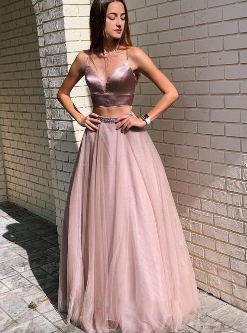 Sexy Spaghetti Straps Two Piece Prom Dresses With Beading