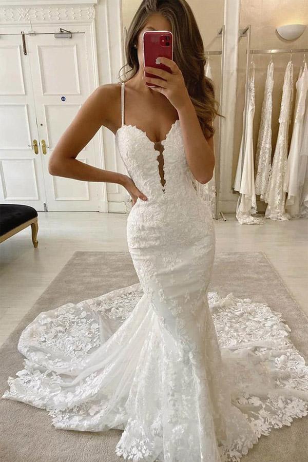 spaghetti straps deep v neck mermaid lace applique wedding dress dtw37