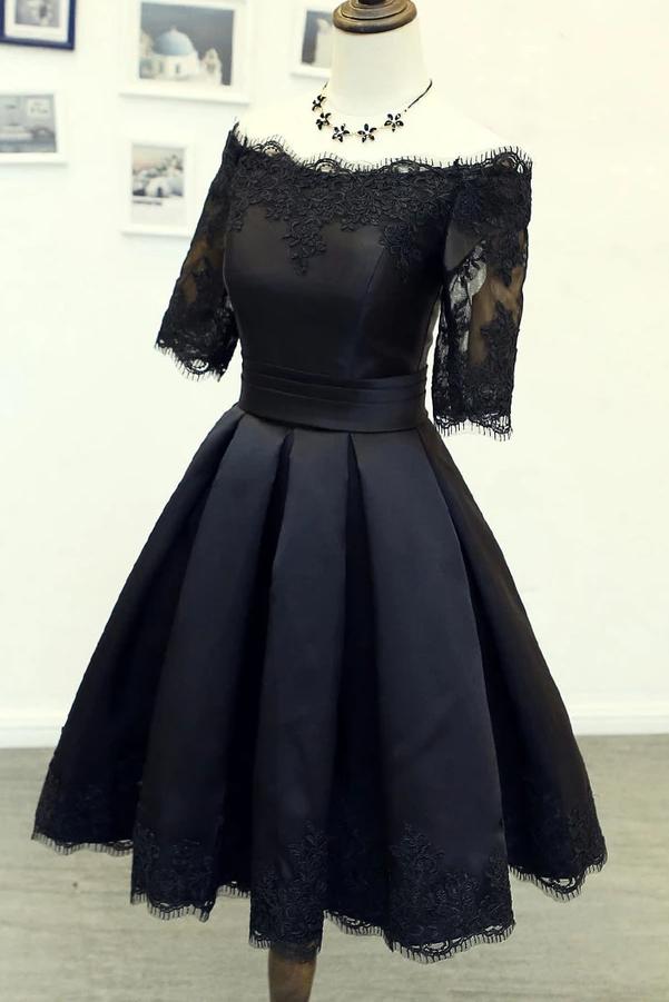 half sleeves short prom party dress black short homecoming dress dth353