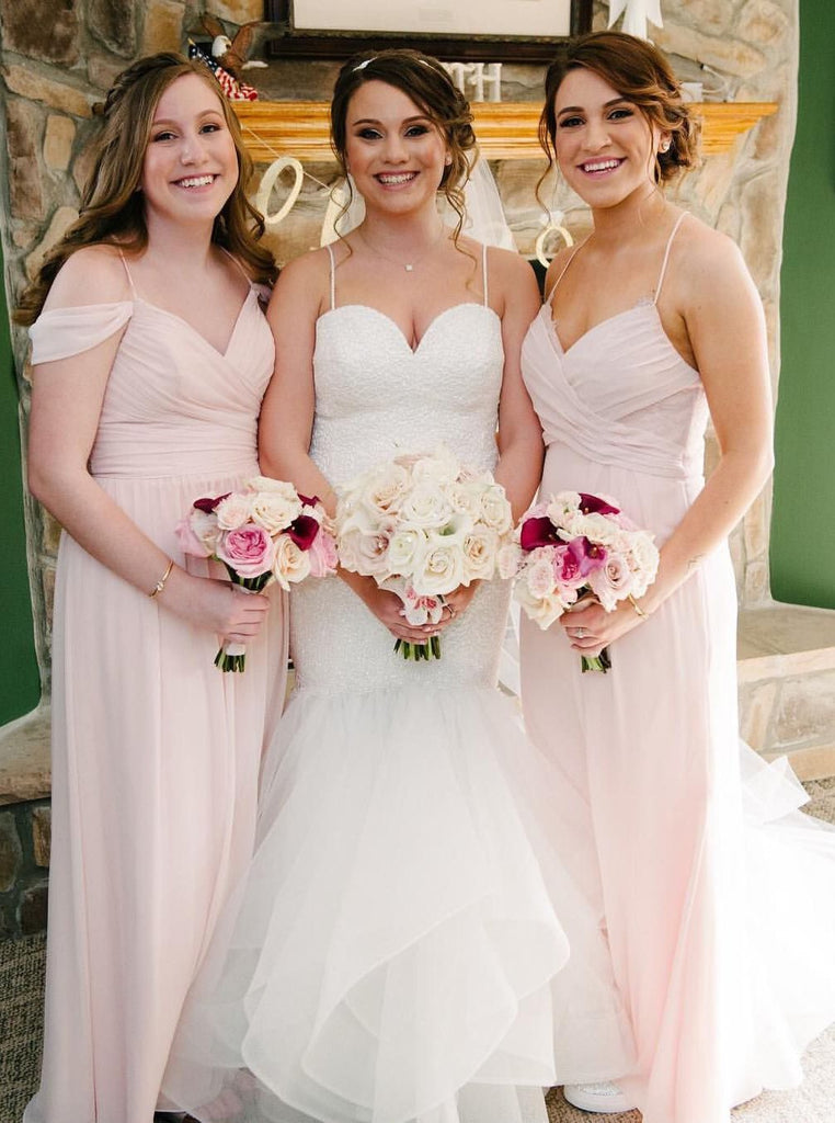 Flowy Straps V-neck Pink Chiffon Long Bridesmaid Dresses