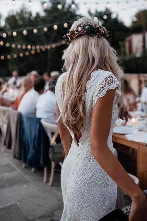 Boho Lace Wedding Dresses Mermaid Backless Bridal Gown With Sleeve