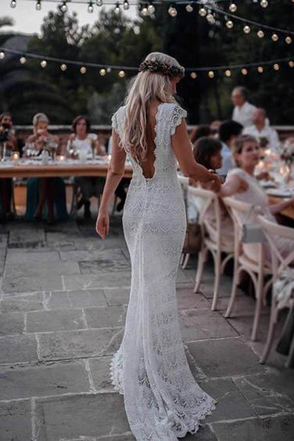Boho Lace Wedding Dresses Mermaid Backless Bridal Gown With Sleeve DTW256 –