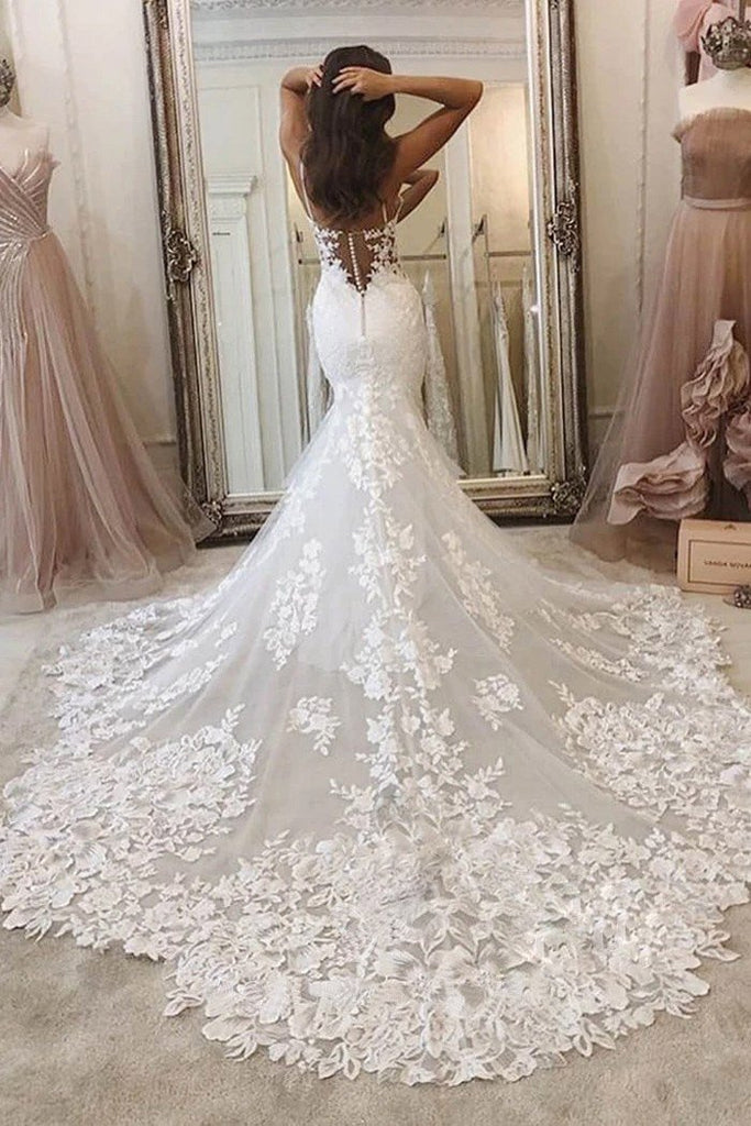 Spaghetti Straps Deep V Neck Mermaid Lace Applique Wedding Dress DTW37 –