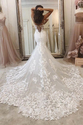 Spaghetti Straps Deep V Neck Mermaid Lace Applique Wedding Dress
