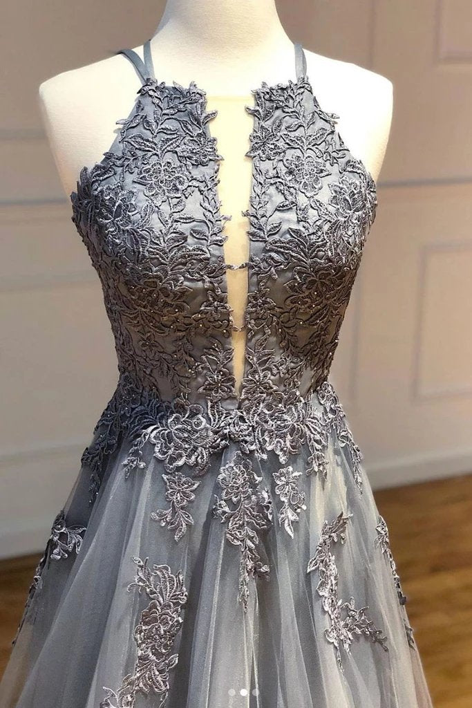appliqued backless formal evening dress tulle gray long prom dresses dtp860
