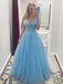 A-Line V-Neck Long Light Blue Prom Dresses with Beading