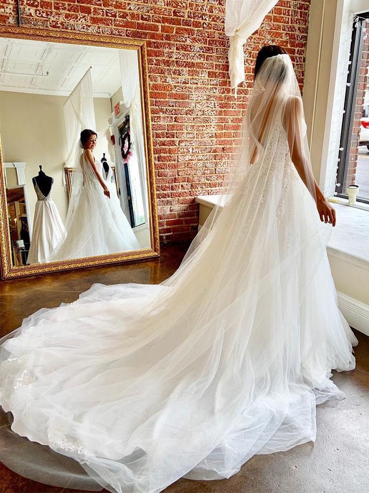 Gorgeous A-line V Neck Tulle Wedding Dresses with Lace Appliques