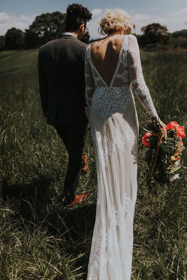 lace boho wedding dress long sleeve backless sheath bridal gown dtw42