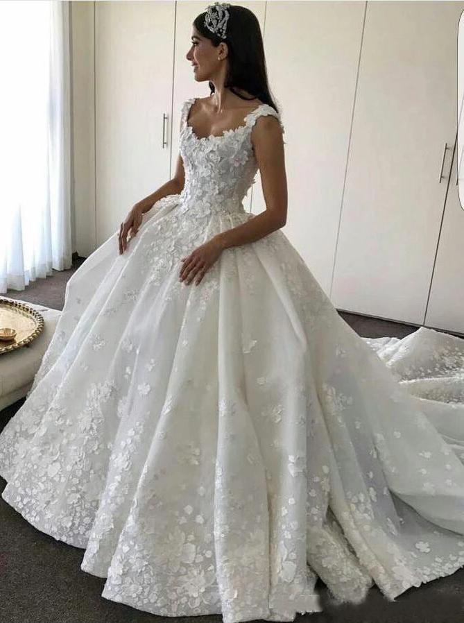 Ball Gown Straps Sweetheart Wedding Dresses Lace Appliques Bridal Dresses
