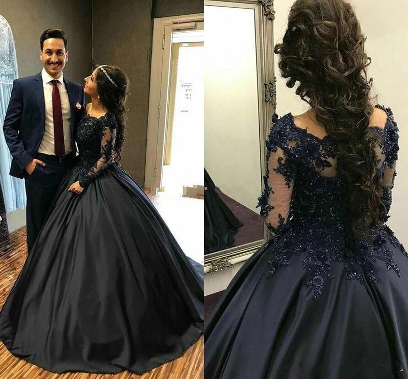 Ball Gown Lace Long Sleeves Prom Dress Black Quinceanera Dresses