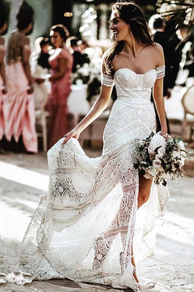 ivory sheath lace wedding dresses sweetheart split beach bridal dress dtw247
