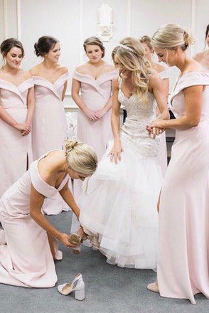 simple offf shoulder sheath pink long bridesmaid dresses with slit dtb154