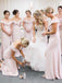 Simple Offf Shoulder Sheath Pink Long Bridesmaid Dresses With Slit