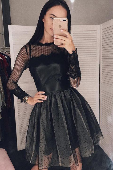 black short homecoming dresses long sleeve little black dress dth352
