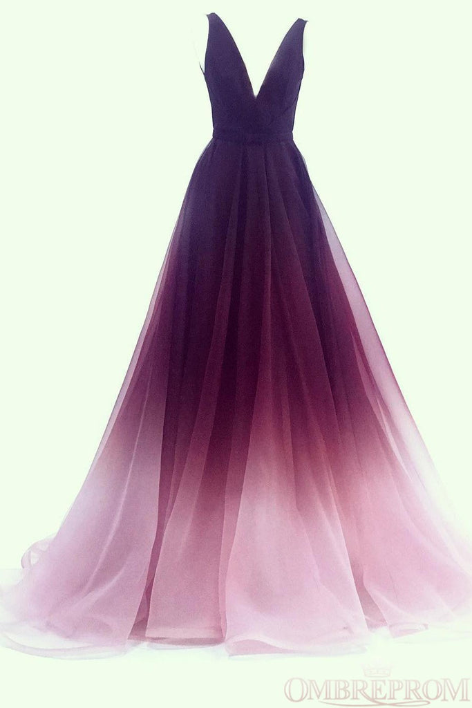a-line v-neck tulle ombre long prom dresses simple formal gown dtp782