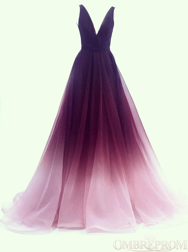 A-line V-neck Tulle Ombre Long Prom Dresses Simple Formal Gown
