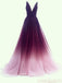 A-line V-neck Tulle Ombre Long Prom Dresses Simple Formal Gown