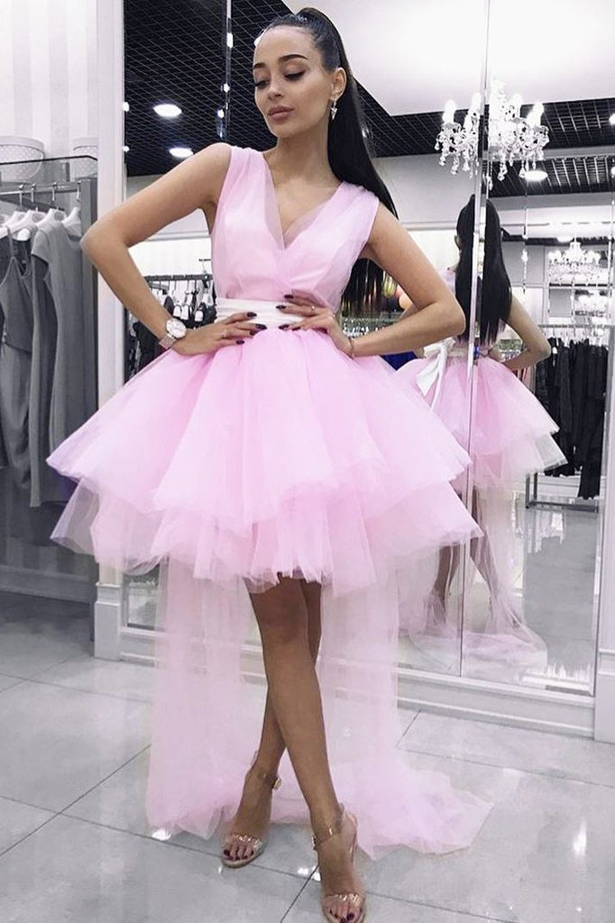 sweet v-neck pink homecoming dress short prom dresses with tulle train dtp783