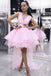 sweet v-neck pink homecoming dress short prom dresses with tulle train dtp783