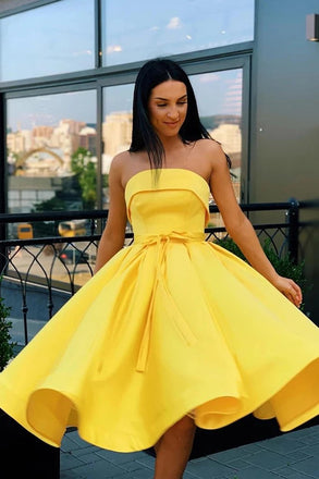 simple strapless yellow homecoming dresses short prom dresses dth348