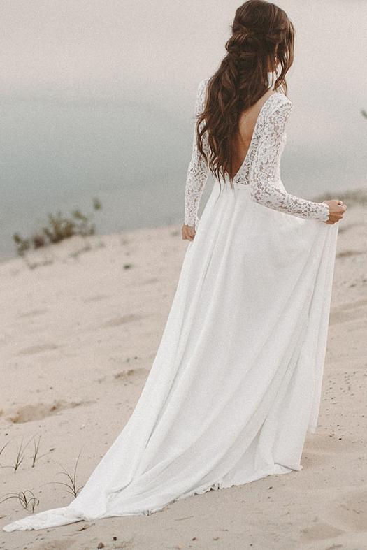 lace long sleeve wedding dresses chiffon beach bridal dress dtw248