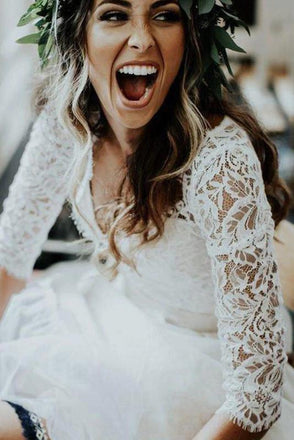 3/4 Sleeves Lace Chiffon Wedding Dress, Two Piece Beach Bridal Dress