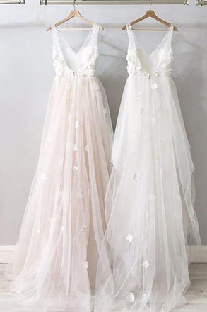 a-line v-neck beach wedding dresses backless bridal gown with appliques dtw277