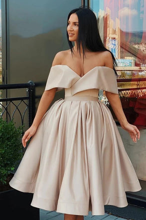 satin homecoming graduation dress off shoulder short simple prom dress dth347