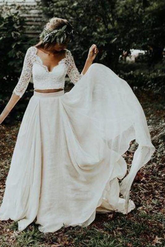 Two Piece Beach Bridal Dress 3/4 Sleeves Lace Chiffon Wedding Dress DTW249 DressTok.co.uk Two Piece Beach Bridal Dress 3/4 Sleeves Lace Chiffon Wedding Dress DTW249 DressTok.co.uk