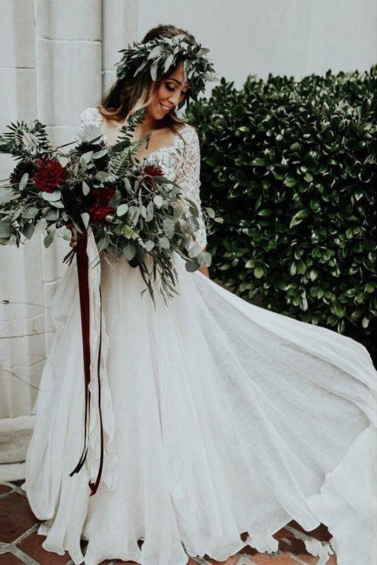 3/4 Sleeves Lace Chiffon Wedding Dress, Two Piece Beach Bridal Dress
