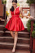 simple red short homecoming dresses a-line satin party dress dth367