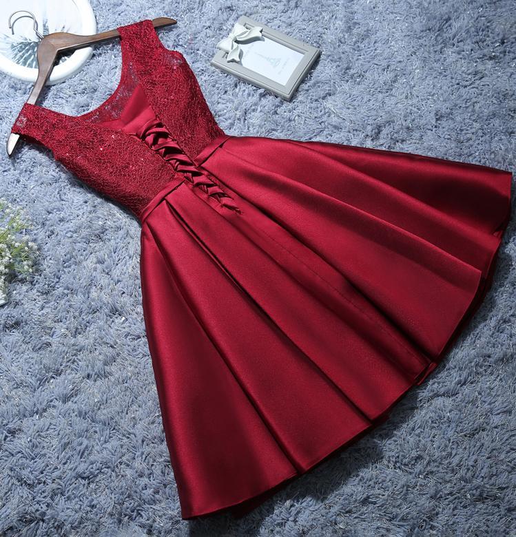 Burgundy Short Evening Dress Satin Lace A-line Short Homecoming Dress