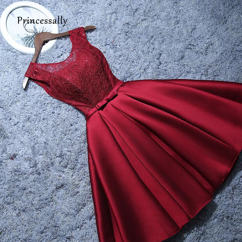 Burgundy Short Evening Dress Satin Lace A-line Short Homecoming Dress
