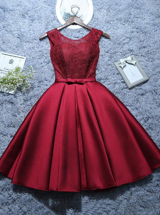 Burgundy Short Evening Dress Satin Lace A-line Short Homecoming Dress