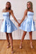 satin spaghetti sky blue homecoming dresses with bow-knot pockets dth373
