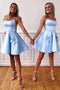 Satin Spaghetti Sky Blue Homecoming Dresses With Bow-knot Pockets