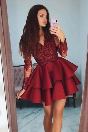 burgundy short homecoming dresses short prom dress with sleeves dth356