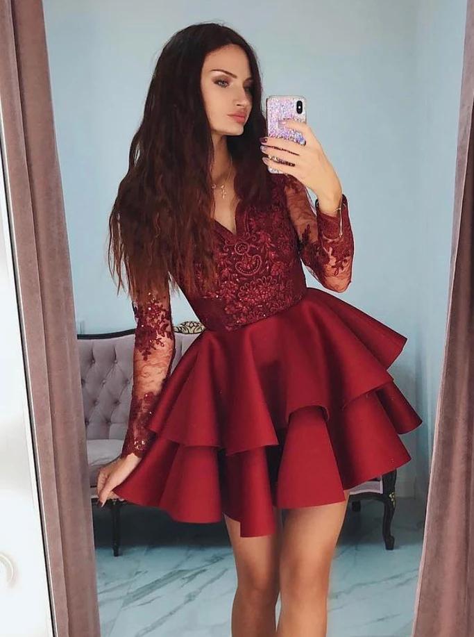 Burgundy Short Homecoming Dresses Short Prom Dress With Sleeves