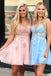 a-line v neck short prom dresses lace appliques homecoming dress dth366