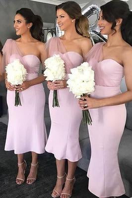 pink wedding party gown one shoulder pink mermaid bridesmaid dresses dtb153