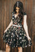 Black V-Neck Embroidery Floral Short Prom Homecoming Dress with Beaded Waist