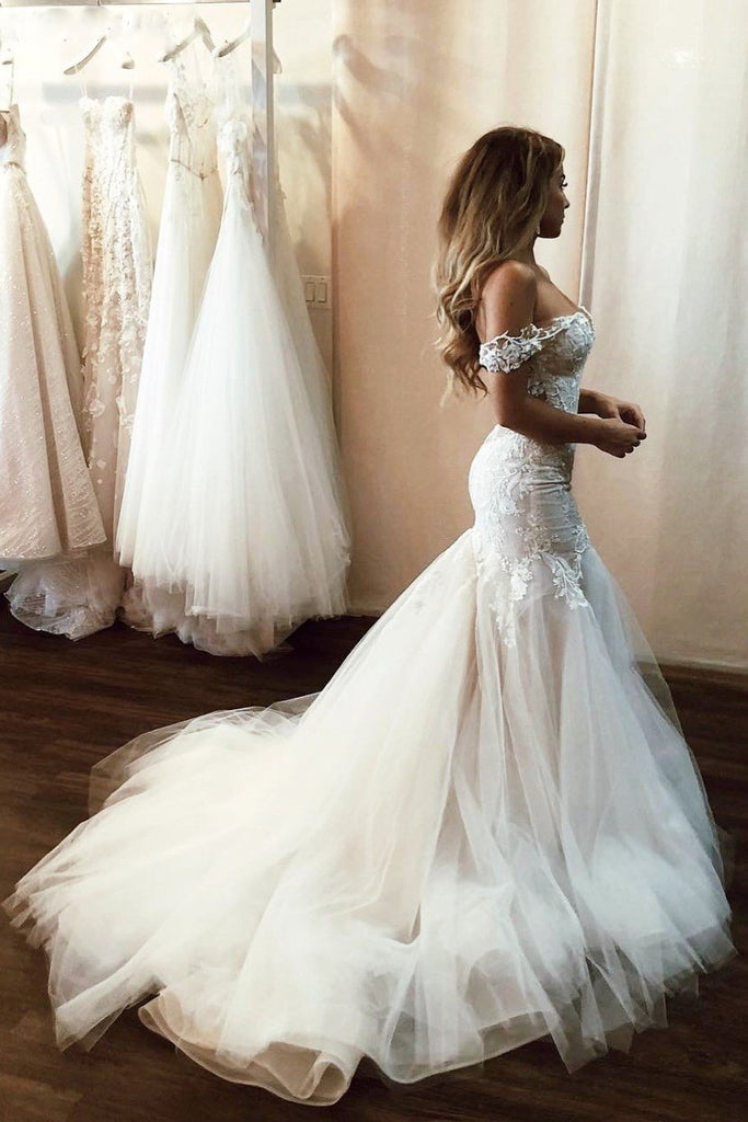 stunning offf shoulder mermaid lace applique wedding dresses with tulle skirt dtw270