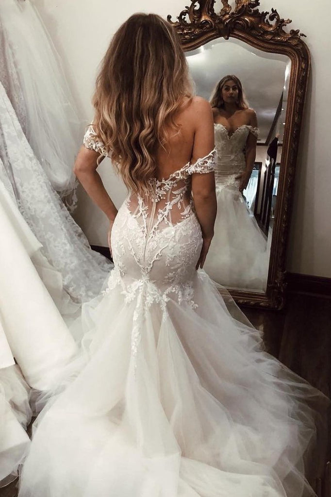 Stunning Offf Shoulder Mermaid Lace Applique Wedding Dresses With Tulle Skirt