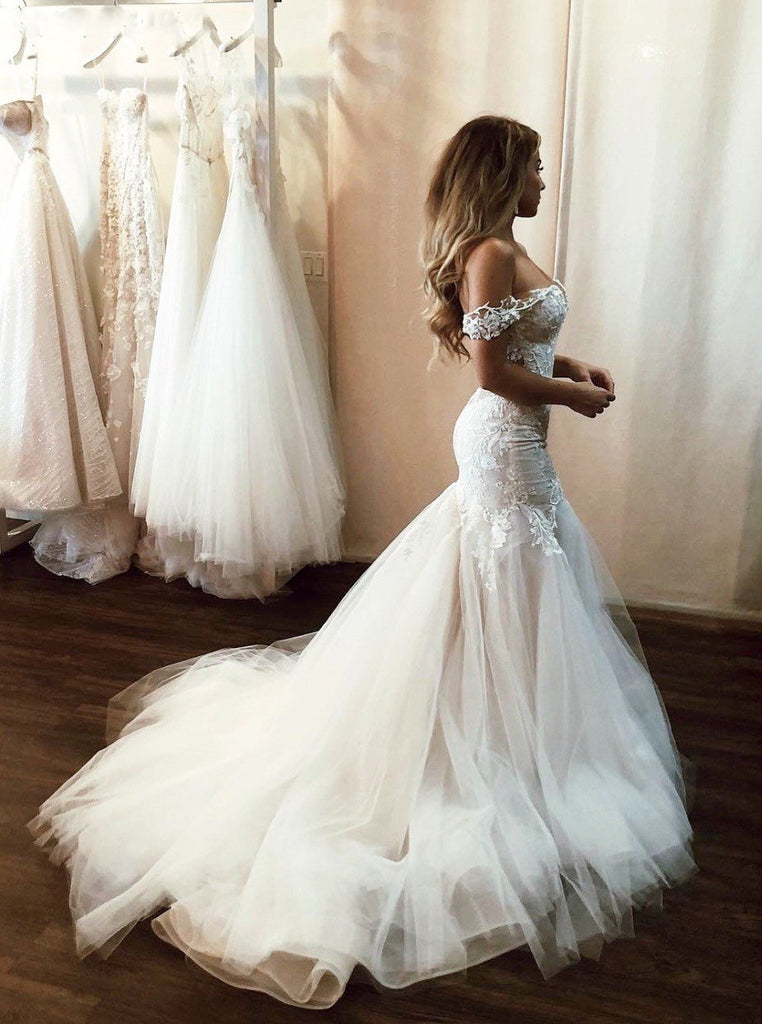 Stunning Offf Shoulder Mermaid Lace Applique Wedding Dresses With Tulle Skirt