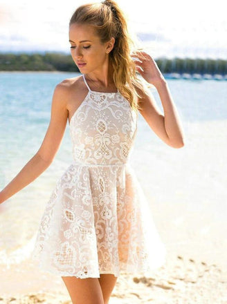 Lace Boho Homecoming Dresses Halter Neck Lace Cocktail Party Dress